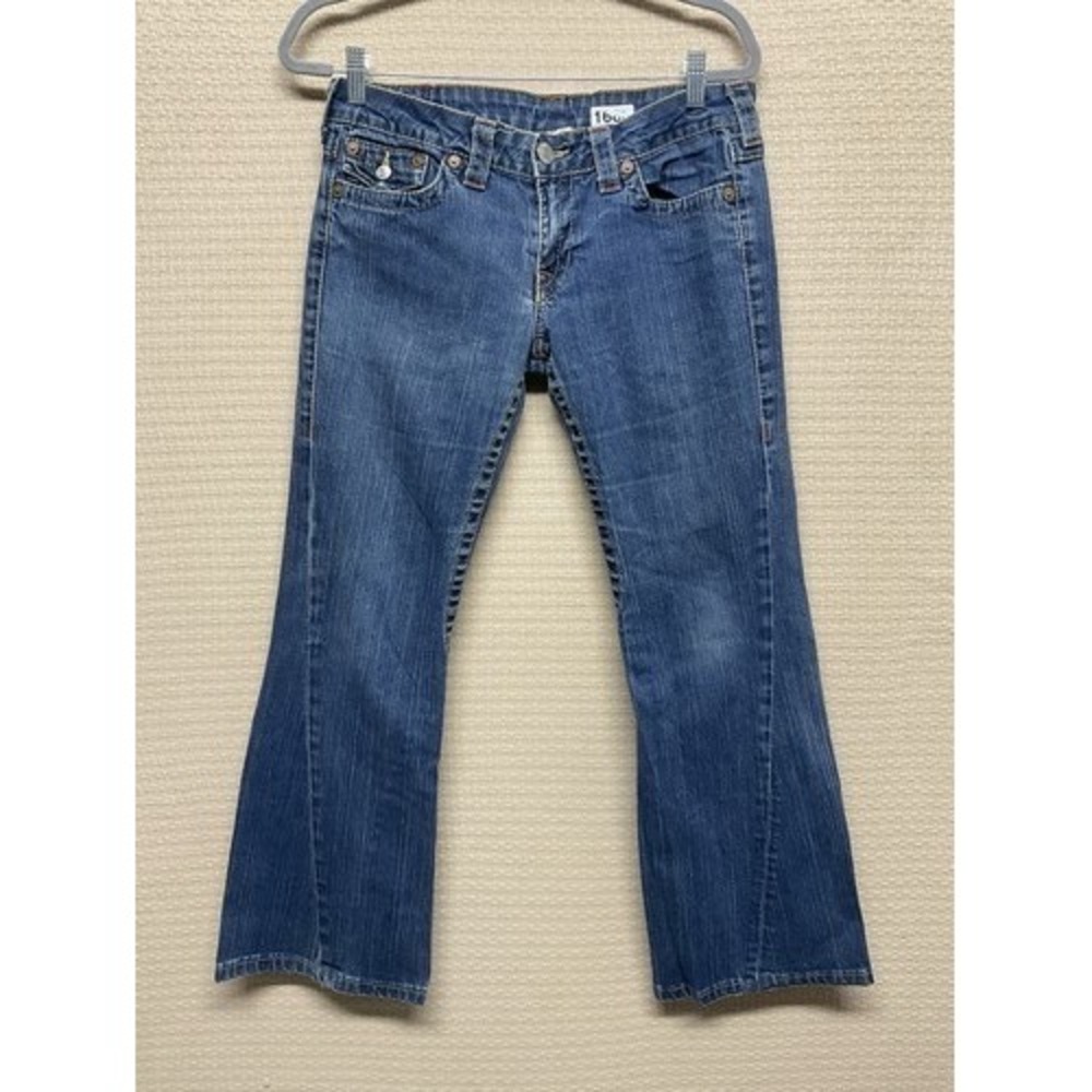 True Religion Med. Wash Joey Big T Flare Denim Jeans Women 31 USA Cotton/Elastan